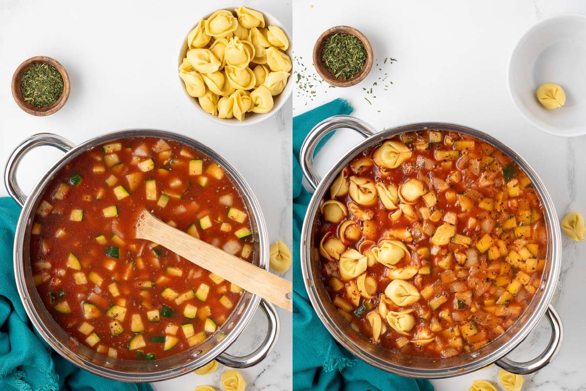 Composite image: left is cooking pot with crushed tomatoes, broth, chopped zucchini and onions, and herbs; right is the same after adding tortellini.
