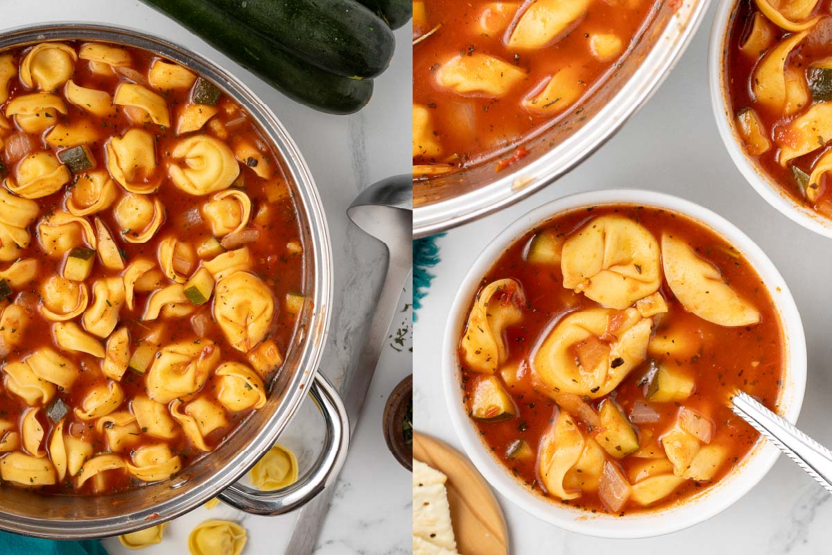 Composite image - left is cooked tomato zucchini soup in a pot; right is tomato zucchini soup in a bowl with a spoon.