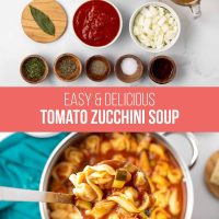 Composite image - top is ingredients for tomato zucchini soup; bottom is cooked soup ready to serve from a ladle.