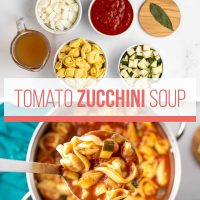 Composite image - top is ingredients for tomato zucchini soup; bottom is cooked soup ready to serve from a ladle.