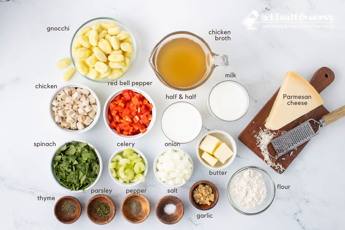 Ingredients for Copycat Olive Garden Chicken Gnocchi Soup.