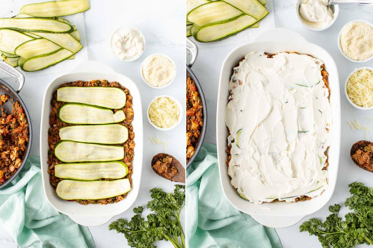 In-process photos of zucchini lasagna recipe