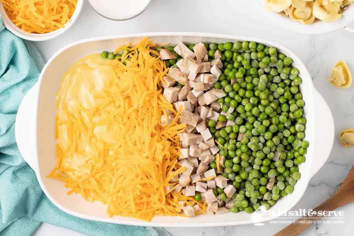 Cream of chicken soup, shredded cheddar cheese, chopped leftover turkey, and peas in a casserole dish before mixing.