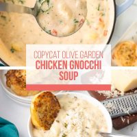 Composite image; top is a ladleful of Copycat Olive Garden Chicken Gnocchi Soup held over an enamel dutch oven containing the soup and bottom is a bowl of the soup served with a piece of toasted garlic bread.