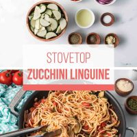 Composite image with ingredients for Stovetop zucchini linguine on top and finished dish in a skillet on the bottom.