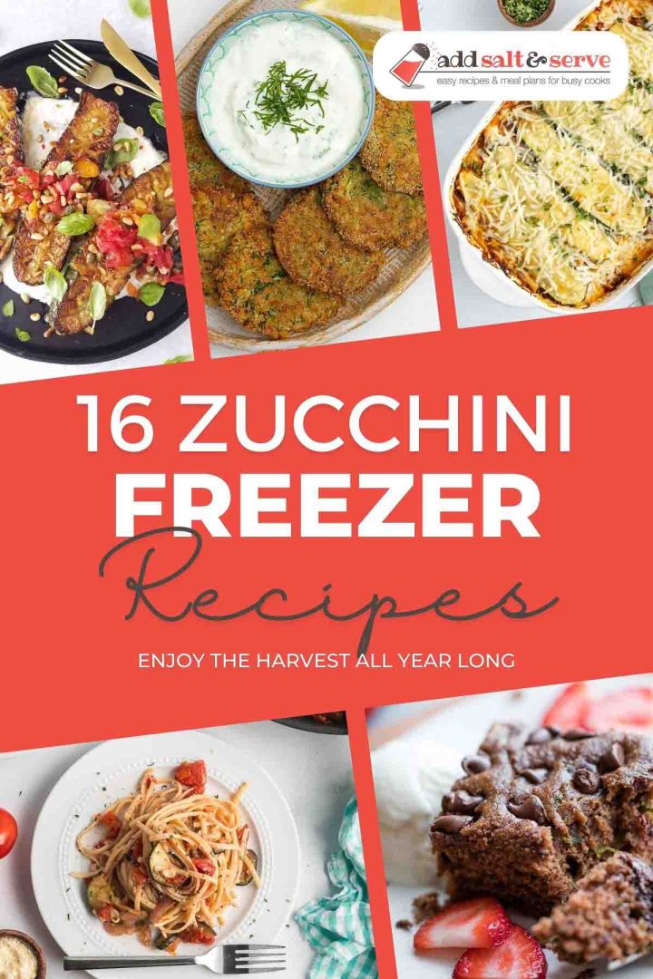 Collage of zucchini freezer recipes.