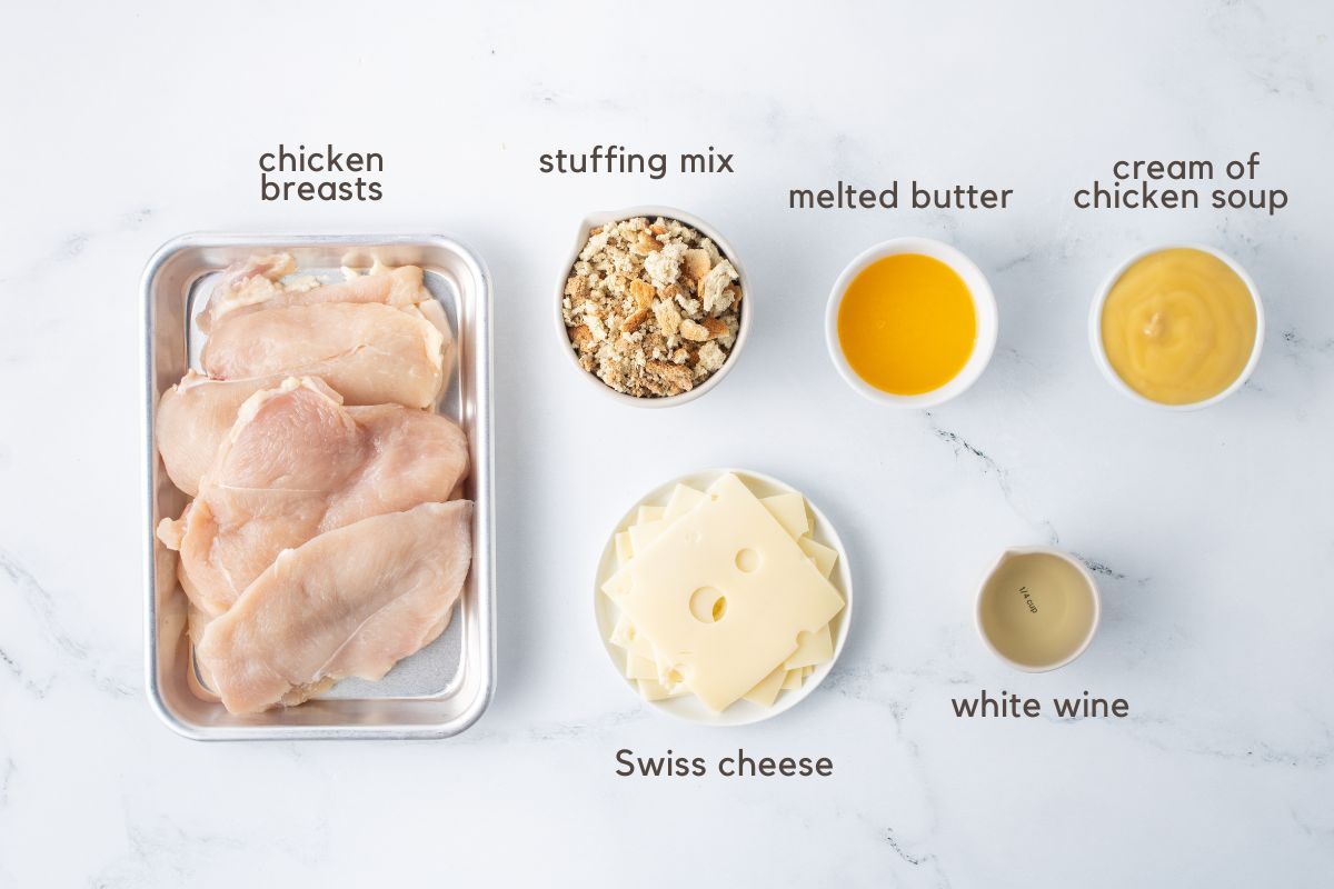 Ingredients for Swiss Chicken: chicken breasts, stuffing mix, Swiss cheese, white wine, cream of chicken soup, and melted butter.