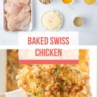 Composite image with photo of ingredients for Baked Swiss Chicken on top and a serving of the baked recipe on the bottom.