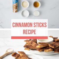 Composite image: top is ingredients for cinnamon sticks (pizza crust dough, cinnamon, sugar, butter, vanilla, milk, powdered sugar); bottom is baked cinnamon sticks encrusted with cinnamon sugar in butter and served with vanilla icing.