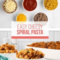 Composite photo - top is ingredients for Easy Cheesy Spiral Pasta: spiral pasta, cooked ground beef, condensed cheddar cheese soup, marinara sauce, shredded mozzarella cheese, Italian seasoning, and black pepper; bottom is baked recipe served in white bowls and garnished with parsley.