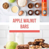 Ingredients for Apple Walnut Bars (two green apples, walnuts, flour, sugar, melted butter, an egg, ground cinnamon, baking soda, baking powder, salt, and non-stick spray) and a photo of the baked apple walnut bars stacked on a plate.