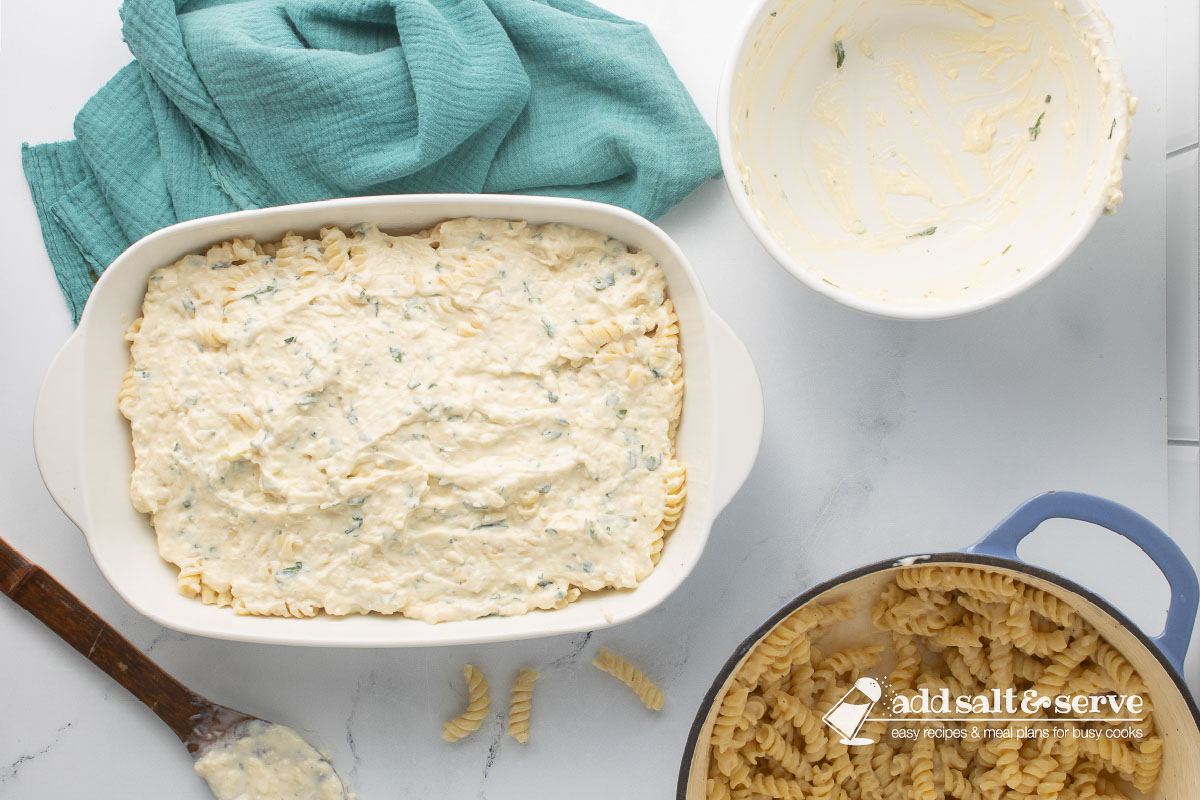 A white baking dish with a layer of rotini and Alfredo sauce mixture spread evenly across the bottom topped with ricotta cheese and egg mixture.