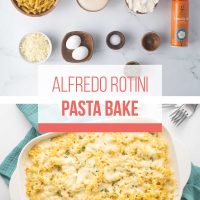 Composite image with top showing ingredients for Rotini Pasta Bake: rotini, Alfredo sauce, ricotta cheese, mozzarella cheese, eggs, salt, pepper, fresh parsley, and non-stick cooking spray and bottom showing the cooked Rotini Pasta Bake.