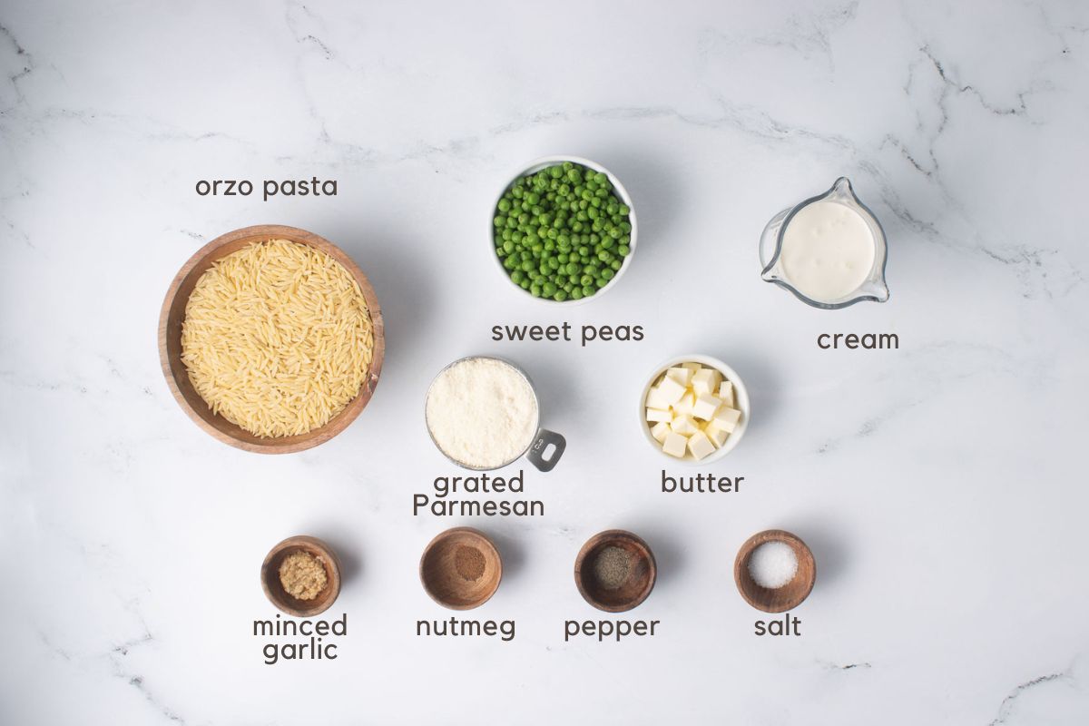 Ingredients for Orzo Alfredo: orzo, peas, cream, butter, garlic, Parmesan cheese, salt, pepper, and nutmeg.