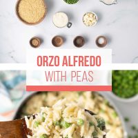 Composite image - top is ingredients for Orzo Alfredo; bottom is Serving of Orzo Alfredo with peas on a wooden spoon above a pot.