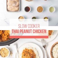 Composite image with top showing ingredients for Thai Peanut Chicken and bottom showing plated Thai Peanut Chicken over rice garnished with chopped peanuts and cilantro.