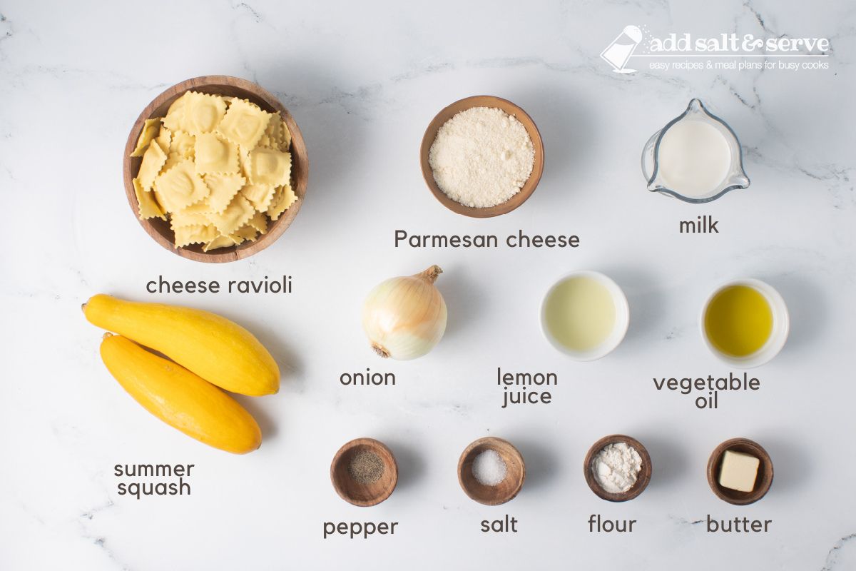 Ingredients for Cheese Ravioli with Summer Squash: ravioli, yellow squash, onion, lemon juice, oil, milk, Parmesan cheese, salt, pepper, flour, and butter.