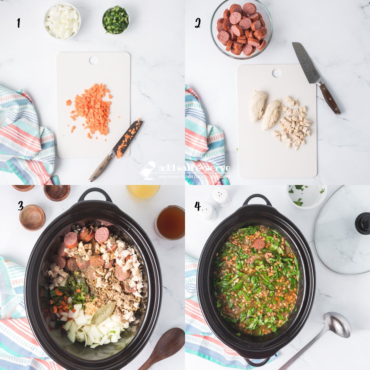 Composite image: 1 - Cutting board with a knife and a chopped carrot surrounded by bowls with chopped onion and chopped green bell pepper; 2 - Cutting board with chopped cooked chicken breast beside a dish of chopped kielbasa; 3 - Crockpot with chopped onion, carrot, green bell pepper, garlic, cooked chicken breast, and kielbasa topped iwth dried thyme, cumin, pepper, and a bay leaf with bowls of chicken broth and beef broth to the side; 4 - Crockpot full of cooked lentil soup after adding chopped spinach.