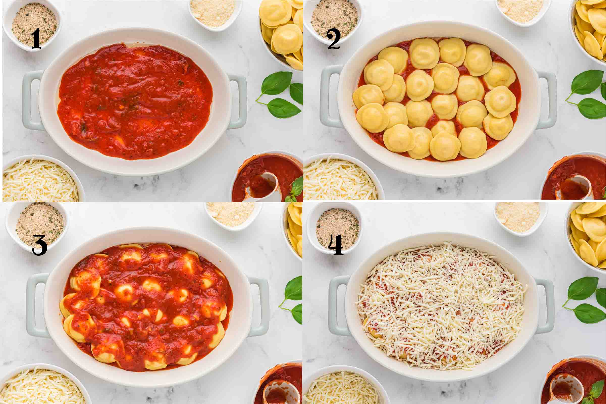 Composite image: 1 - marinara sauce in a baking dish; 2 - frozen ravioli placed on top of the marinara sauce in the dish; 3 - more marinara sauce placed on the ravioli; 4 - shredded mozzarella cheese covering the marinara sauce.