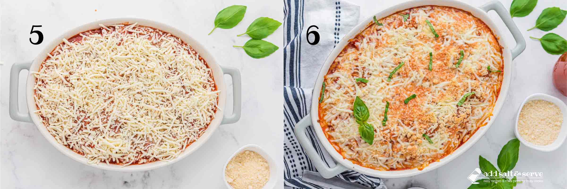 Composite image: 5 - Baked frozen ravioli casserole before baking; 6 - Baked Frozen ravioli casserole after baking and garnishing with fresh basil.