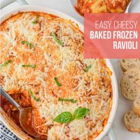 Serving of baked frozen ravioli on a plate beside the casserole dish with text Easy Cheesy Baked Frozen Ravioli.