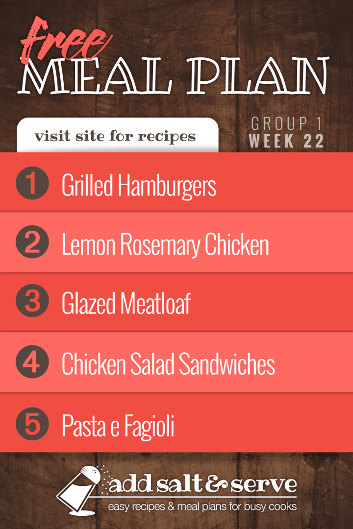 Meal Plan for Week 22 (Group 1): Grilled Hamburgers, Lemon Rosemary Chicken, Glazed Meatloaf, Chicken Salad Sandwiches, and Pasta e Fagioli.