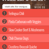 Meal Plan for Week 35 (Group 1): Terlinga Chili, Pasta Carbonara with Tomatoes, Slow Cooker Beef & Mushrooms, Chili Cheese Hot Dogs, Crustless Broccoli Quiche.