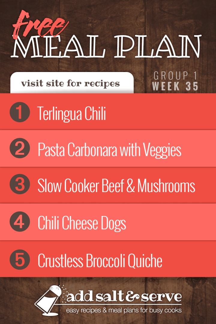 Meal Plan for Week 35 (Group 1): Terlinga Chili, Pasta Carbonara with Tomatoes, Slow Cooker Beef & Mushrooms, Chili Cheese Hot Dogs, Crustless Broccoli Quiche.