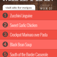 Meal Plan for Week 37 (Group 1): Zucchini Linguine, Sweet Garlic Chicken, Crockpot Marinara Sauce over Pasta, Black Bean Soup, South of the Border Casserole.