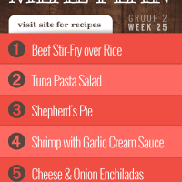 Free Meal Plan for Week 25 (Group 2): Beef Stir Fry, Tuna Pasta Salad, Shepherd's Pie, Shrimp with Garlic Cream Sauce, Cheese and Onion Enchiladas.