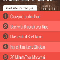 Free Meal Plan for Week 51 (Group 2): Crockpot London Broil, Beef with Broccoli over Rice, Oven-Baked Beef Tacos, French Cranberry Chicken, 30 Minute Taco Macaroni.