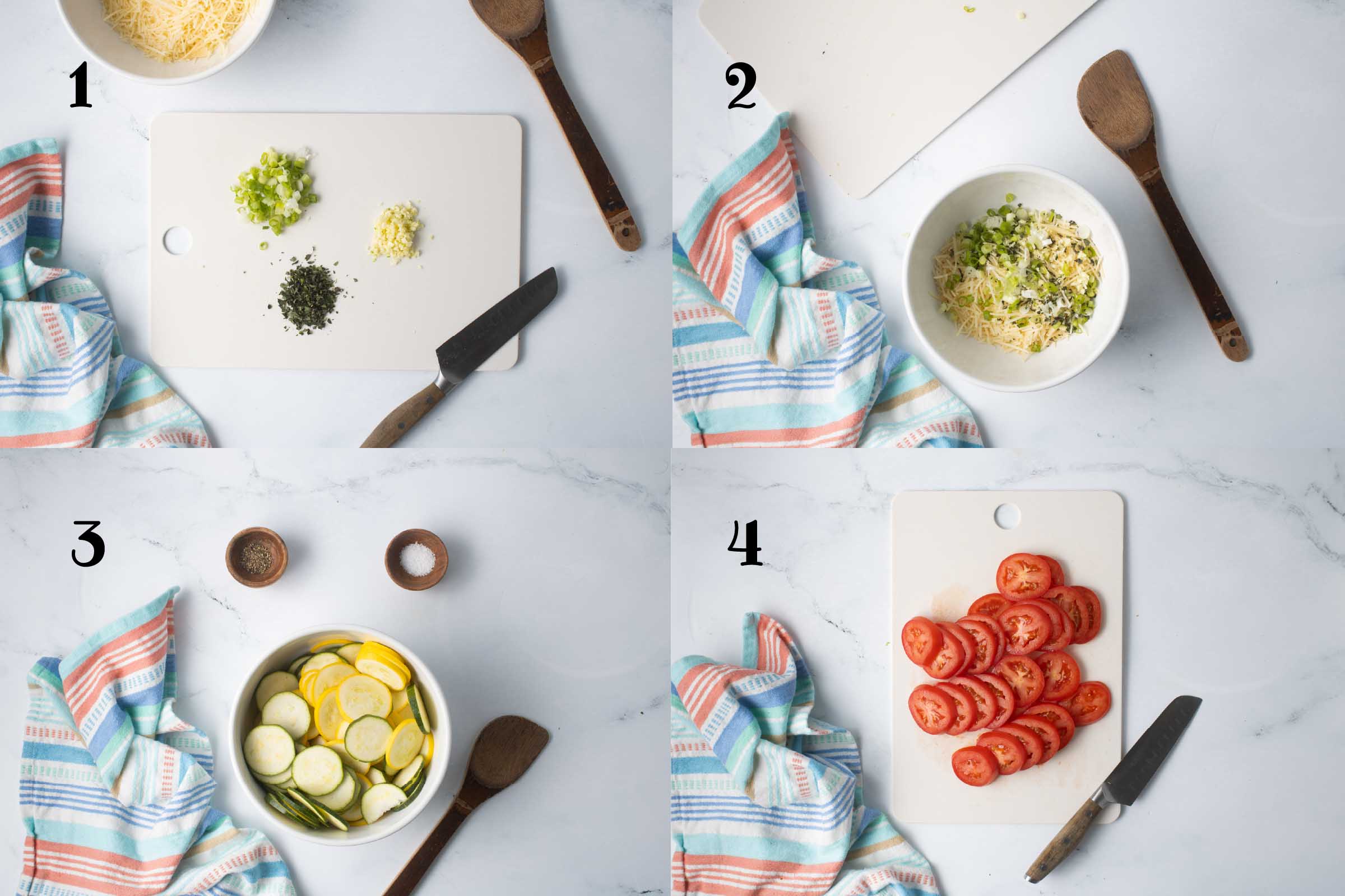 Composite numbered image: 1- chopped garlic, green onion, and oregano on a cutting board; 2 - mixture of garlic, green onion, and oregano with Parmesan cheese in a bowl; 3 - bowl of sliced yellow squash and zucchini in a bowl beside small bowls of salt and pepper; 4 - sliced Roma tomatoes on a cutting board.