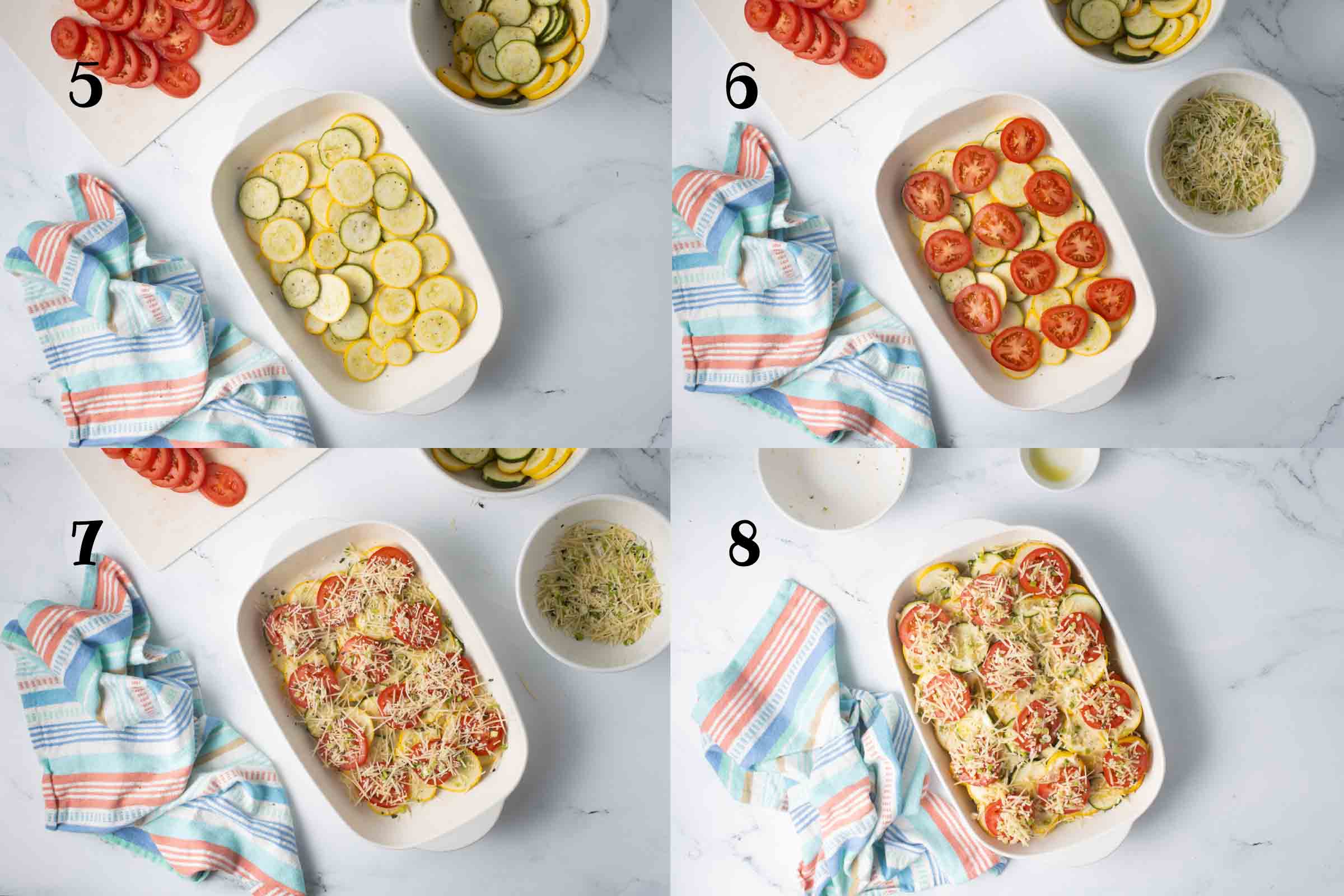 Numbered composite image: 5 - layer of sliced zucchini and yellow squash in a baking dish; 6 - same baking dish after adding a layer of sliced tomatoes; 7 - same dish after adding a layer of cheese and herb mixture; 8 - dish after repeating all of the previous layers.