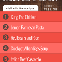 Free Meal Plan for Week 30 (Group 1): Kung Pao Chicken, Pasta with Parmesan and Lemon Sauce, Red Beans and Rice, Crockpot Albondigas Soup (Mexican Meatball Soup), Italian Beef Casserole.