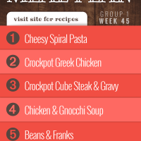 Meal Plan for Week 45 (Group 1): Cheesy Spiral Pasta, Crockpot Greek Chicken, Crockpot Cube Steak and Gravy, Chicken and Gnocchi Soup, Beans and Franks.