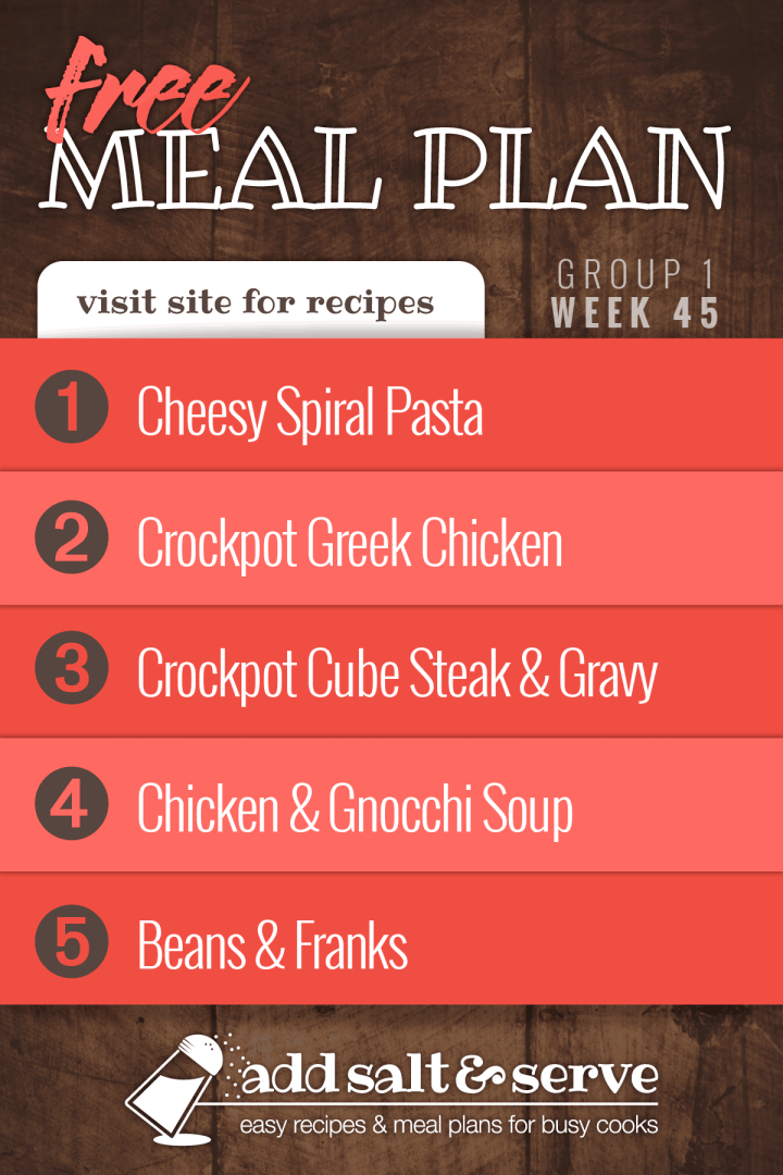 Meal Plan for Week 45 (Group 1): Cheesy Spiral Pasta, Crockpot Greek Chicken, Crockpot Cube Steak and Gravy, Chicken and Gnocchi Soup, Beans and Franks.