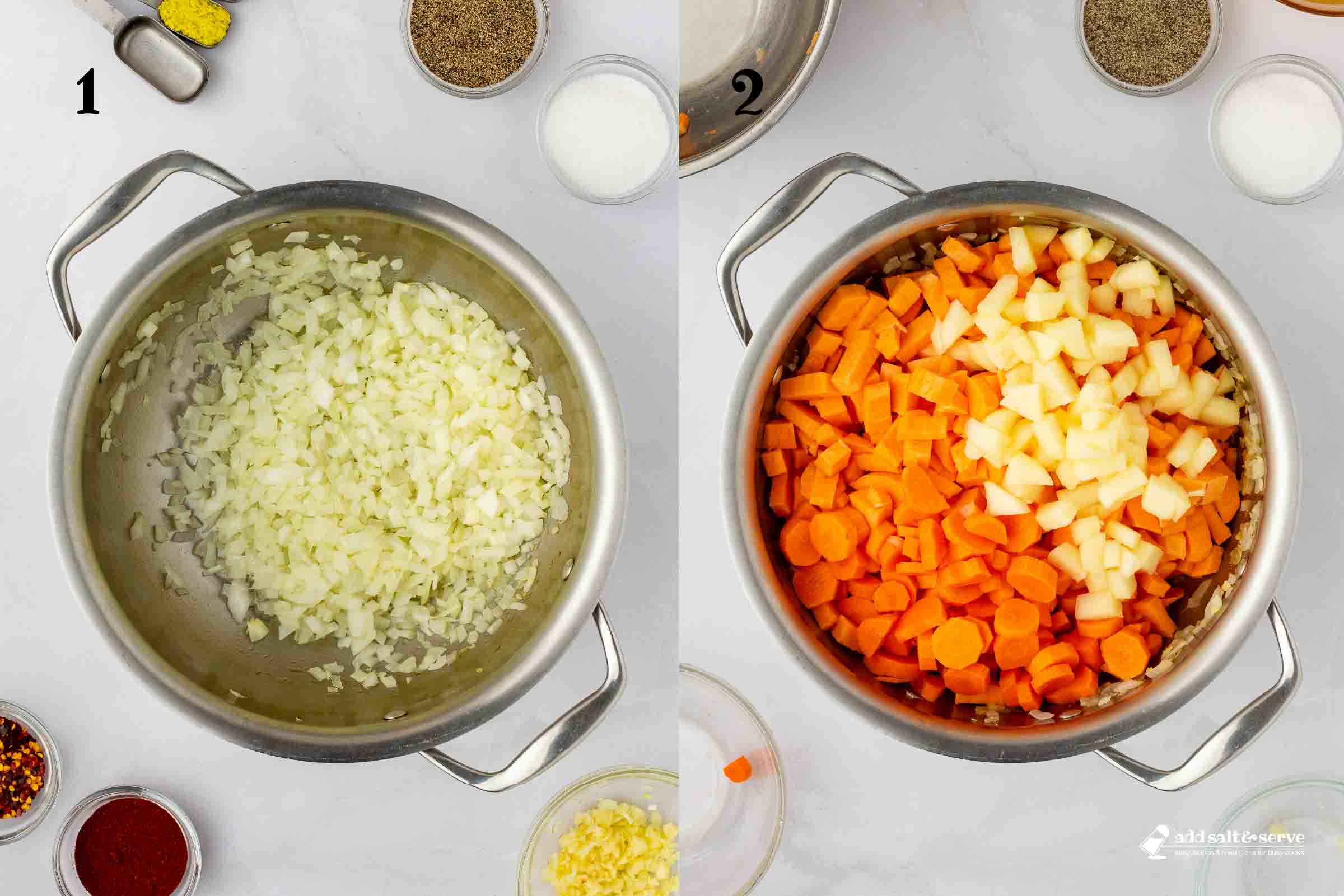 Composite image: 1 - sautéed chopped onions in a soup pot; 2 - same pot after adding chopped carrots, sweet potatoes, and apple.