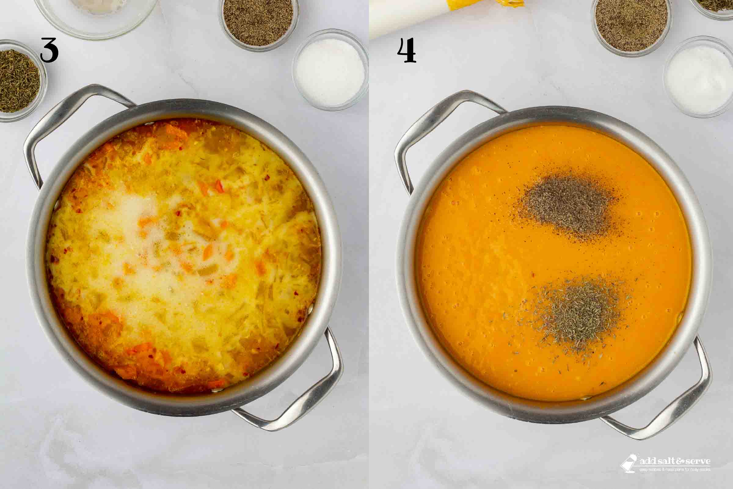 Composite image: 3 - soup pot with carrot, sweet potato, apple, and onion after adding coconut cream and vegetable broth; 4 - same pot after using an immersion blender to blend the vegetables and adding thyme, pepper, and salt.
