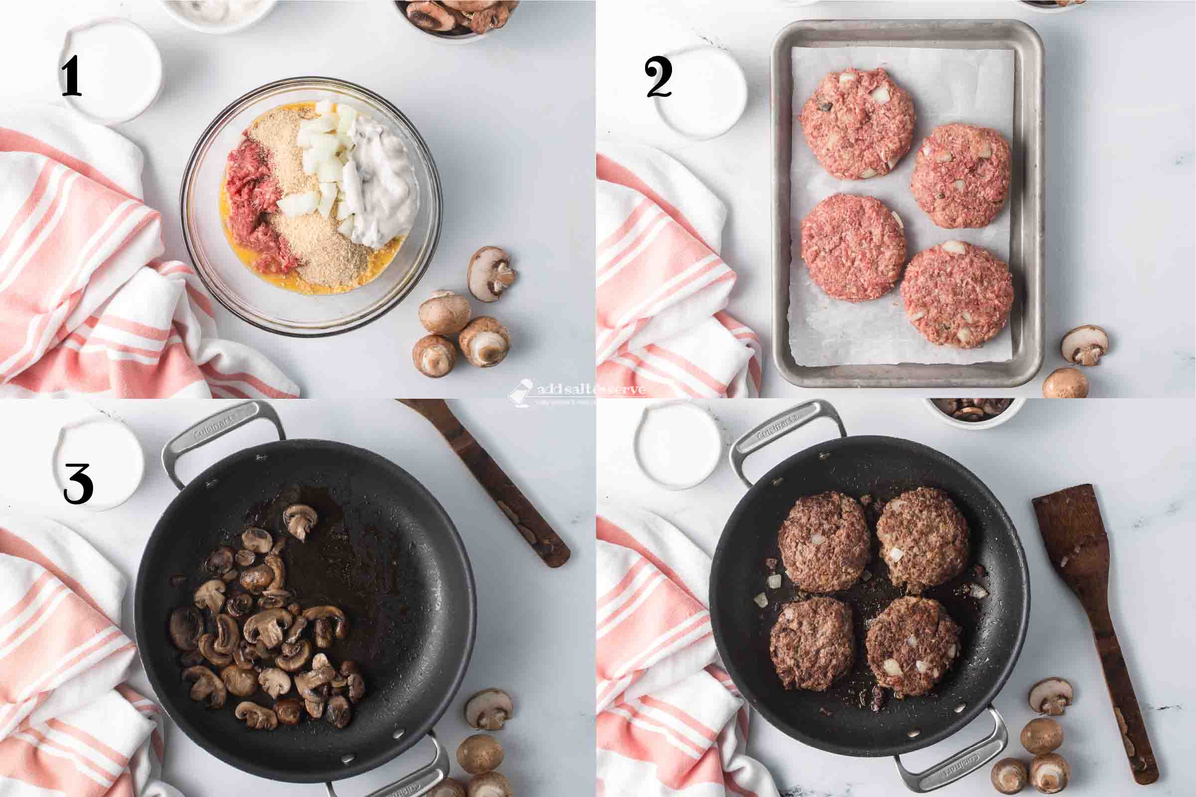 Composite image showing how to make Mushroom Salisbury Steak.
