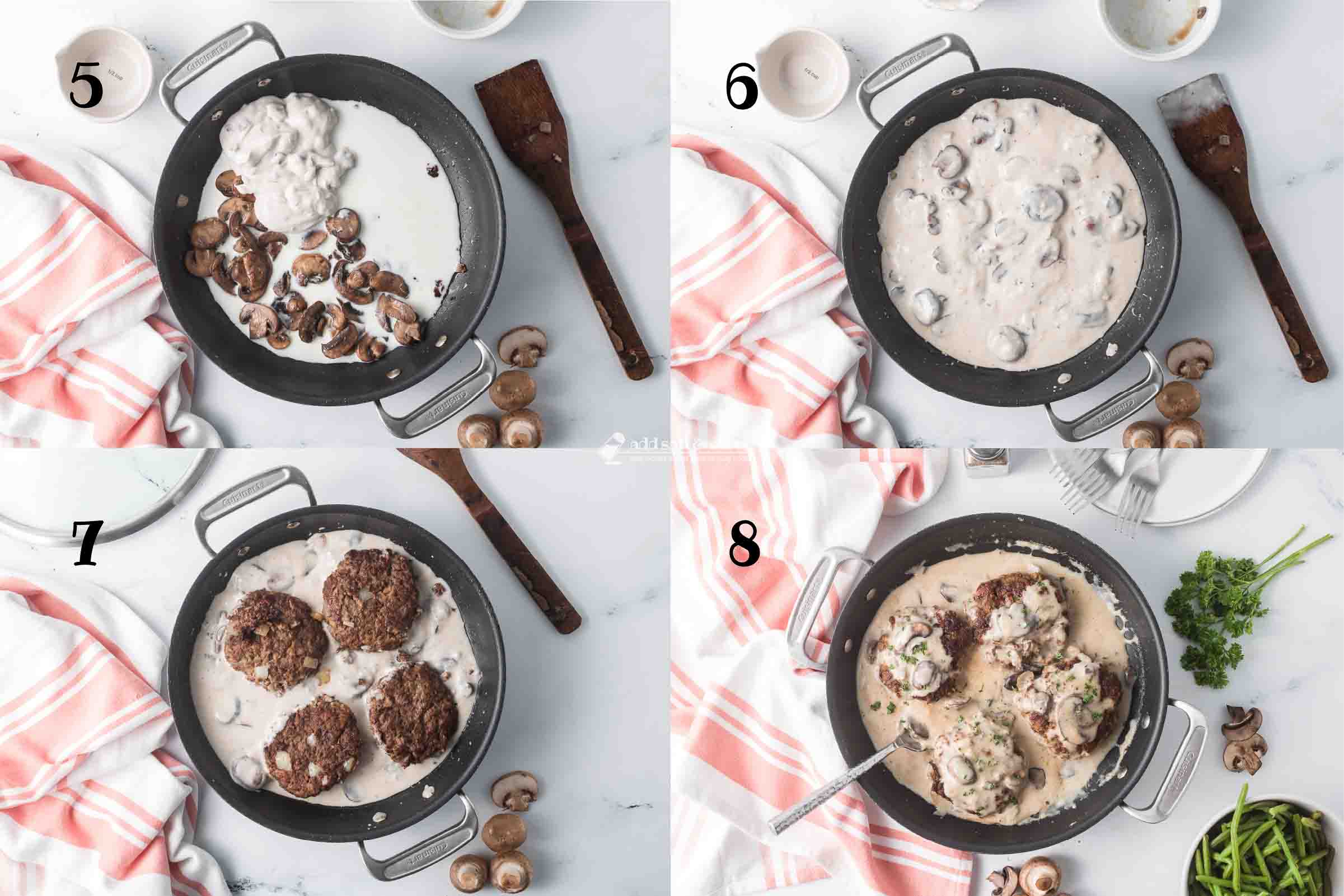Composite image showing how to make Mushroom Salisbury Steak.