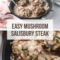 Several Salisbury Steak patties in mushroom cream sauce in a black pan with a serving spoon and text Easy Mushroom Salisbury Steak.