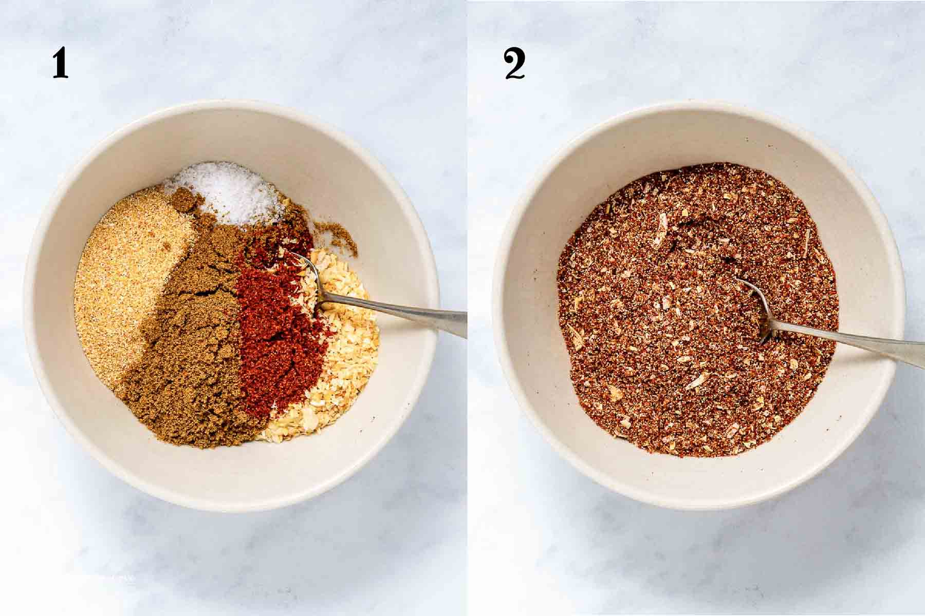 composite image - left shows six spices in a bowl with a spoon before mixing and right shows after mixing.