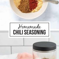 Composite image - top is a bowl with several spices in it with a spoon and bottom is a jar of homemade chili seasoning beside a dish of the seasoning with a small wooden spoon and text homemade chili seasoning.