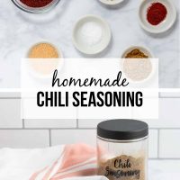 Composite image - top is six bowls of spices and bottom is a jar of homemade chili seasoning beside a dish of the seasoning with a small wooden spoon and text homemade chili seasoning.