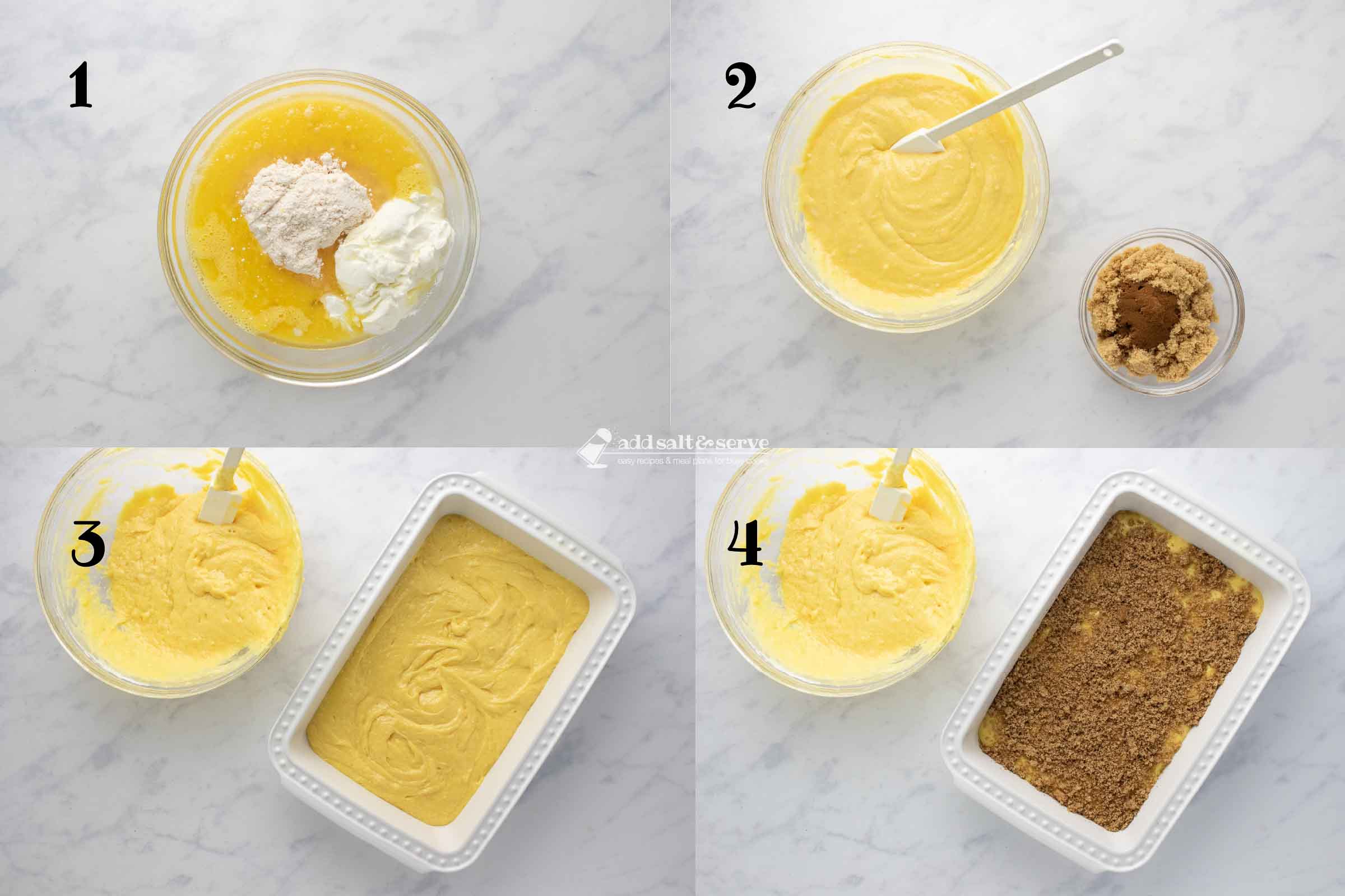 Composite image showing steps to make honey bun cake: 1 - Place cake mix, oil, eggs, and sour cream in a bowl; 2 - Mix well and in a separate bowl combine the cinnamon and brown sugar; 3 - Spread half of the cake batter in a prepared baking pan; 4 - Sprinkle half of the brown sugar mixture over the batter in the baking pan.