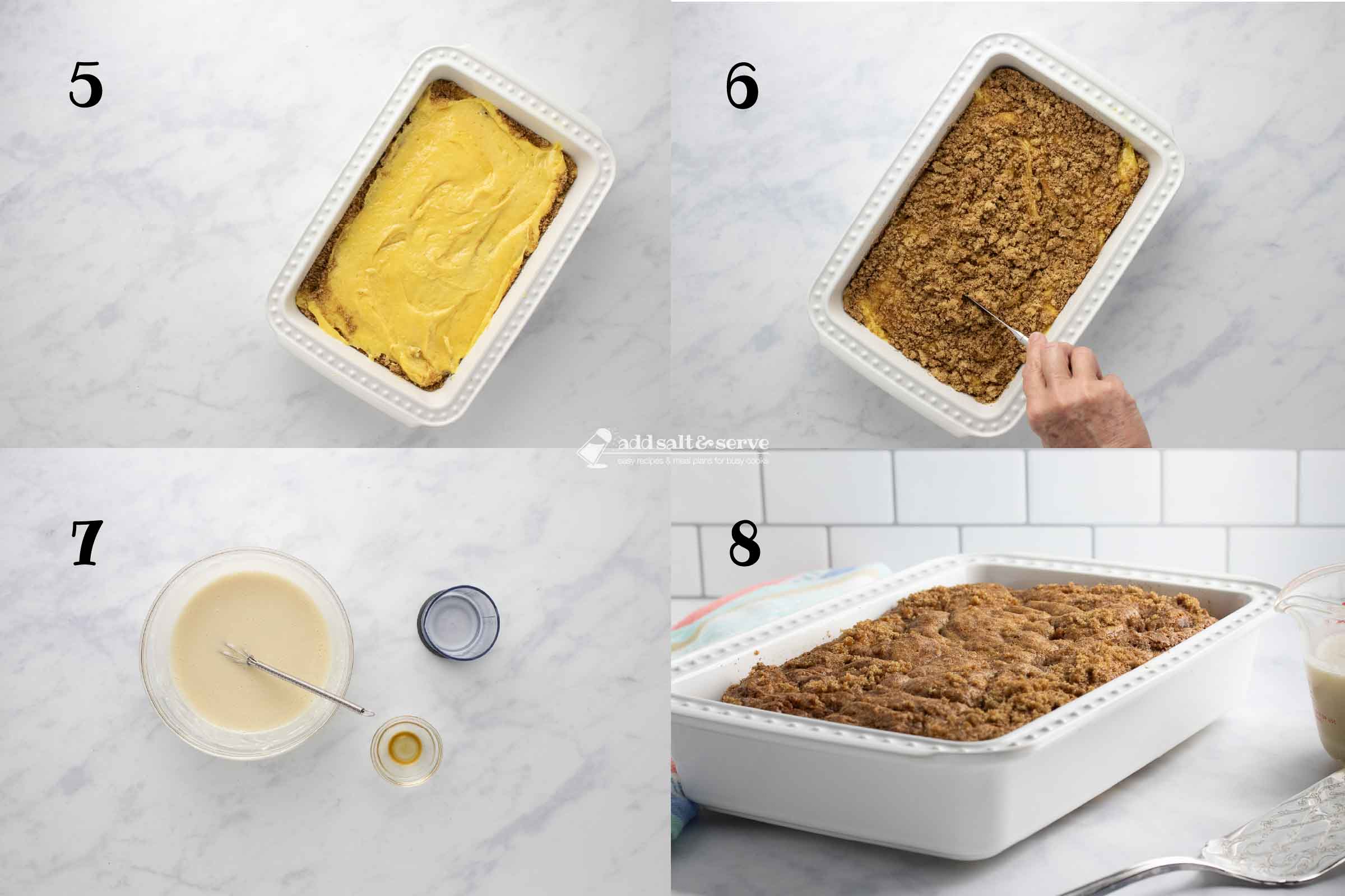 Composite image showing steps to make honey bun cake: 5 - Spread the remaining cake batter over the brown sugar mixture in the pan; 6 - Sprinkle the remaining cinnamon and brown sugar over the batter in the baking pan and use a knife to make swirls in the batter; 7 - Make the glaze by mixing the powdered sugar, milk, and vanilla; 8 - Bake the cake.