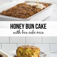 Composite image; top is a baking pan of honey bun cake with streusel topping and vanilla glaze being poured over it; bottom is a slice of Honey Bun Cake on a plate showing the cinnamon swirl in the middle and vanilla glaze on top with a forkful of cake laying on the plate beside it; text: Honey Bun Cake with box cake mix.