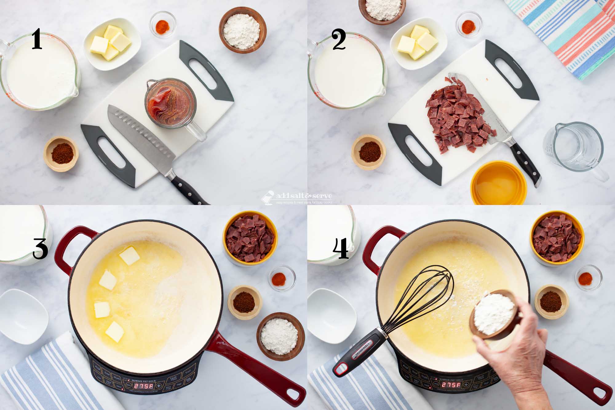 Composite image: 1 - ingredients for creamy chipped beef gravy (slices of dried beef soaking in a cup of water, small bowls of flour, beef bouillon, cayenne pepper, and butter, and a large measuring cup of milk); 2 - ingredients for chipped beef gravy with chopped dried beef on a cutting board with a knife; 3 - skillet on an induction cooktop with melted butter; 4 - a whisk in a skillet with melted butter with flour being added.