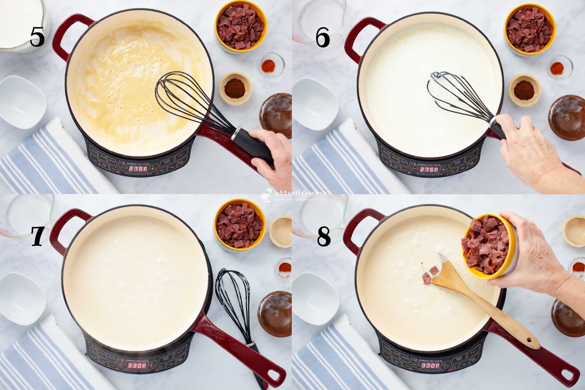 Composite image: 5 - roux of melted butter and flour bubbling in a skillet with a whisk; 6 - skillet with roux after adding milk; 7 - skilled with cream sauce simmering; 8 - chopped dried beef being added to a skillet with cream sauce.