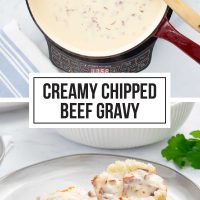 Composite image - top photo is a skillet of creamy chipped beef gravy beside a plate of biscuits; bottom is a a plate of creamy chipped beef gravy over two biscuit halves with a fork and text Creamy Chipped Beef Gravy.